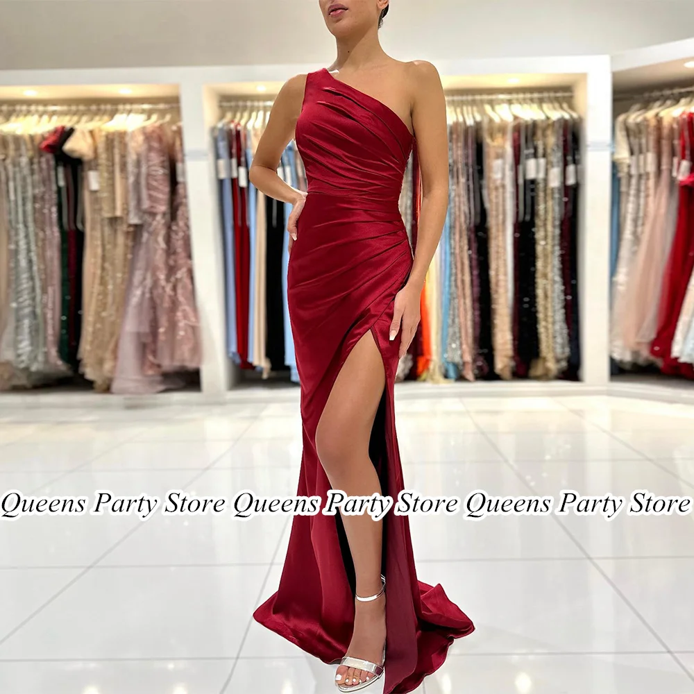 

Burgundy Evening Party Dresses Sexy One Shoulder Sleeveless Pleat High Split Sweep Train Bridesmaid Prom Gown Simple Custom Size