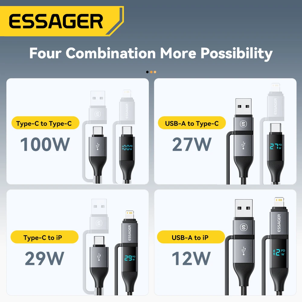 Essager 4 In 1 Digital Display USB Cable Type C 100W PD Fast Charging Wire For iPhone Macbook iPad Xiaomi Type C Lighting Cable