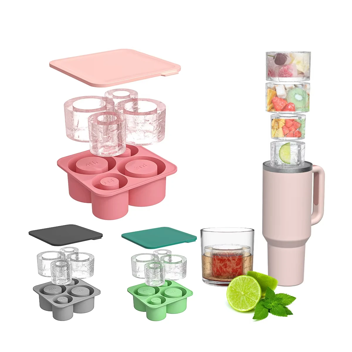Silicone Ice Cube Tray Mold  Cup Tumbler 20oz 30oz 40oz Cylinder Ice Cube Maker with Lid Kitchen Accessories Gadget