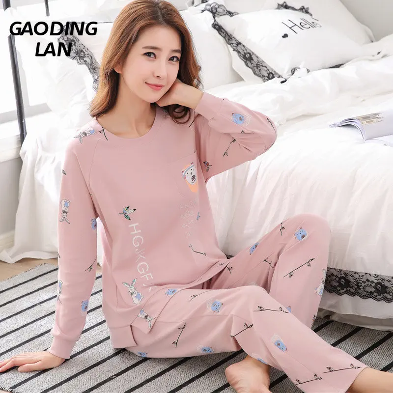 

Spring Autumn Women Long Sleeve Sweet Print Pajamas Set Pure Cotton 2 Piece Pyjamas Sleepwear Suit Female O Neck Leisure Wear