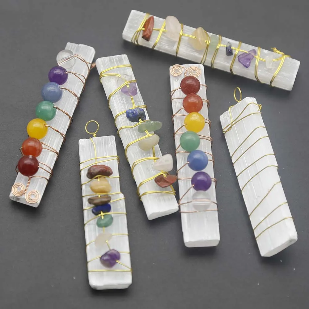 Natural Raw Stone Gypsum Winding 7Color Stone Pendant DIY Gypsum Long Strip Mineral Crystal Pendant Wholesale 6Pcs Free Shipping