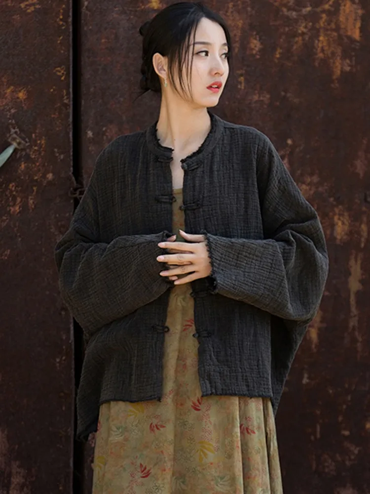 

Women Cotton Linen Casual Jackets New Arrival 2023 Autumn Chinese Style Vintage O-neck Batwing Sleeve Loose Female Coats M045