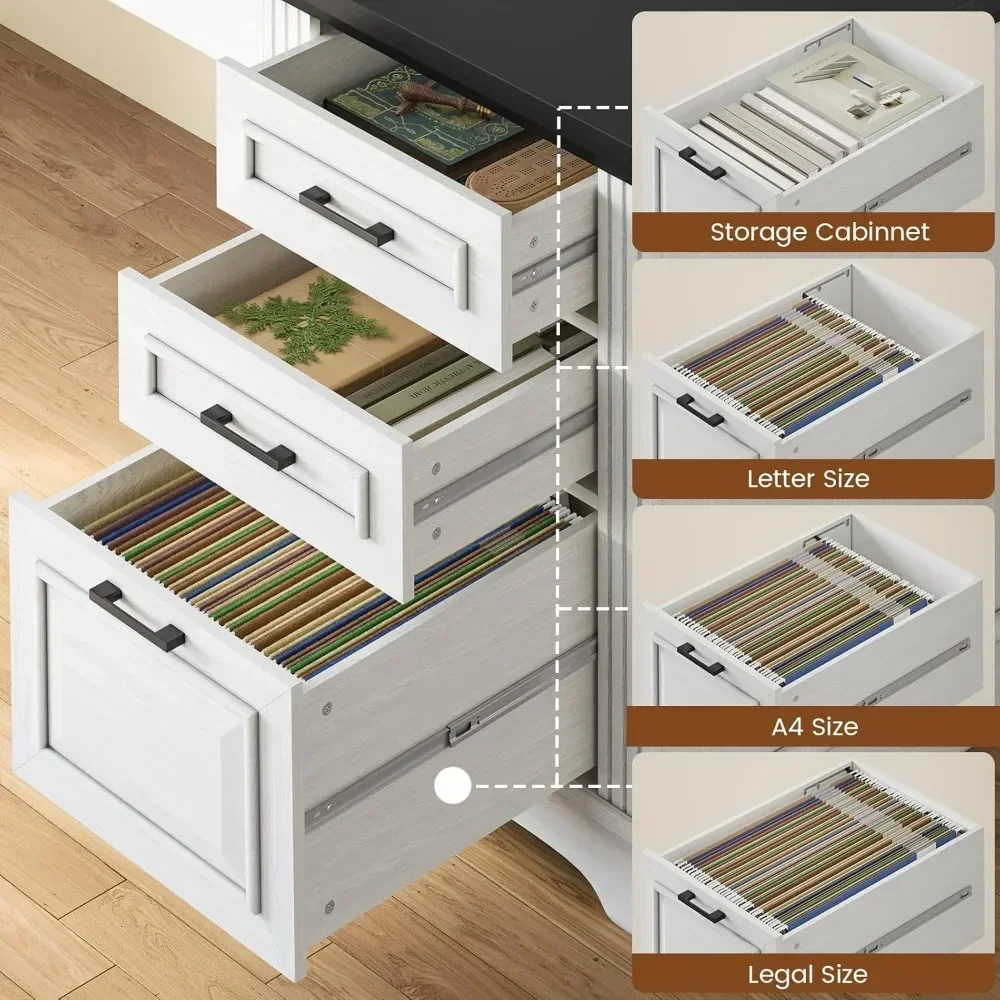 "l-shaped executive desk for home office with storage drawers and integrated power outlet"