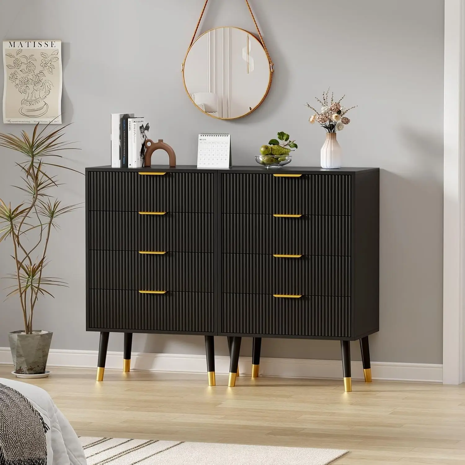 Kommode mit 4 Schubladen für Schlafzimmer, Kommode mit goldenen Griffen, hohe Kommode, kleiner Aufbewahrungsschrank aus Holz für Wohnzimmer – Detail 15