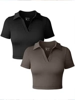 Summer Women's Short Sleeve Polo Shirt V-Neck Cropped Top Casual Knitted Solid Color T-Shirt - Image 3