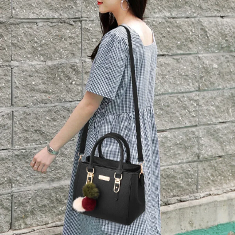 1PCS Bags Women Fashion Simple PU Shoulder Small Double Large Capacity Hairball Tote Slanting Cross Women's Bags
