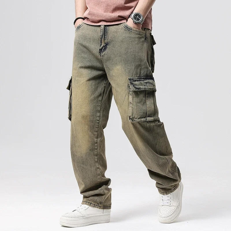 Large Size 46 Loose Jeans Men Denim Pants Straight Pocket Baggy Casual Streetwear Hip Hop Brand Blue Wide Leg Cargo Trousers 5