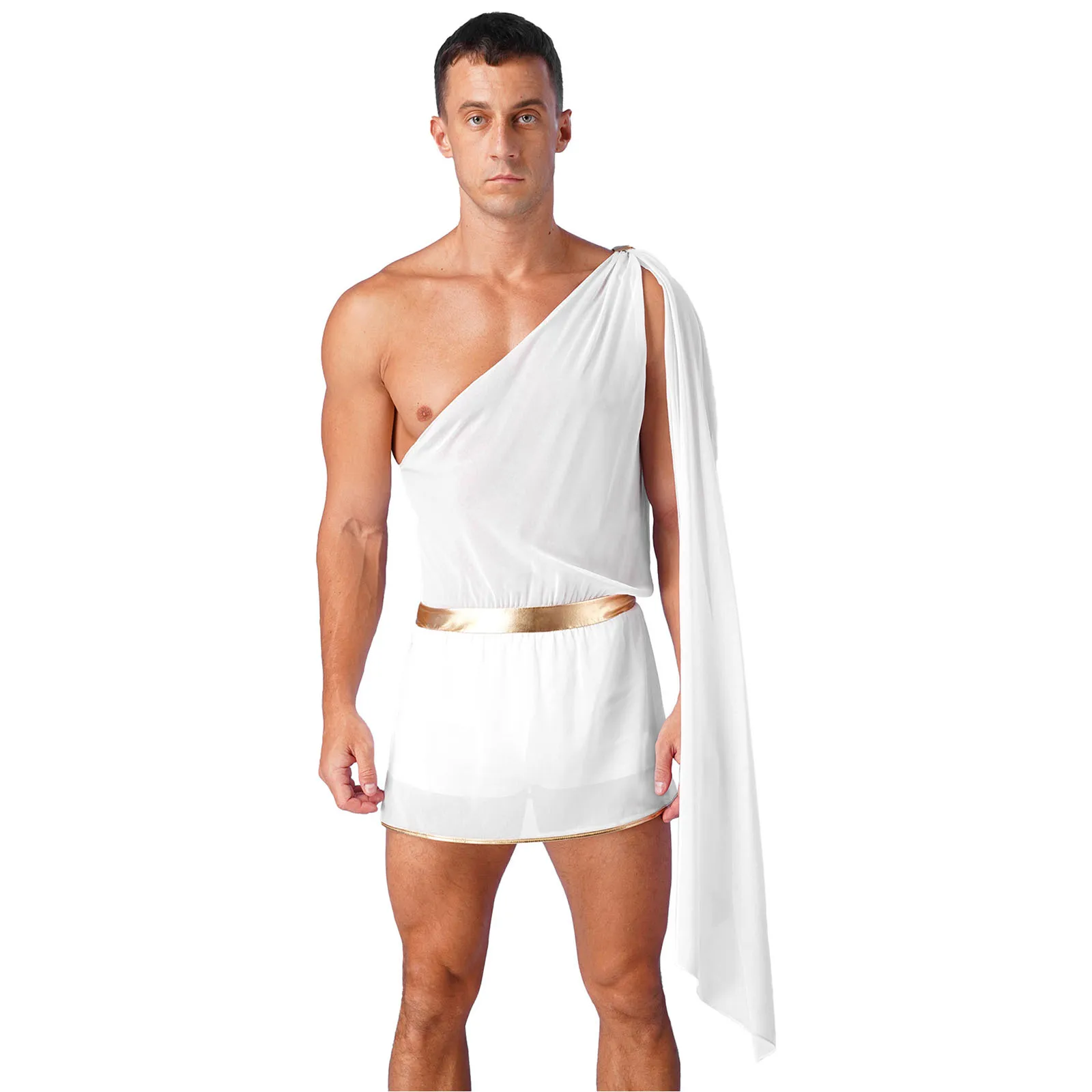 Mens Ancient Greek God Costume One Shoulder Toga Skirt Built-in Shorts Halloween Roman Gladiator Knight Warrior Cosplay Dress Up
