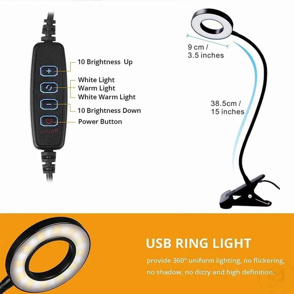 Description Picture 2 of itemUS Desk Lamp Tri colored light Clip Book Light Flexible Gooseneck Dimmable USB Reading Eye Protection study room Bedside Light