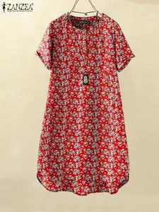 ZANZEA Summer Buttons Mini Dress Women Vintage Round Neck Casual Short Sundress Pockets Simple Floral Print Short Sleeve Dresses