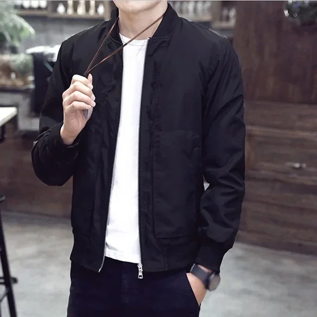 Men's Casual Black Thin Slim Fit Stand Collar Long Sleeved Round Neck Zip Up Jacket Coat Top Solid Business Fashion Men Jacket - Image 3