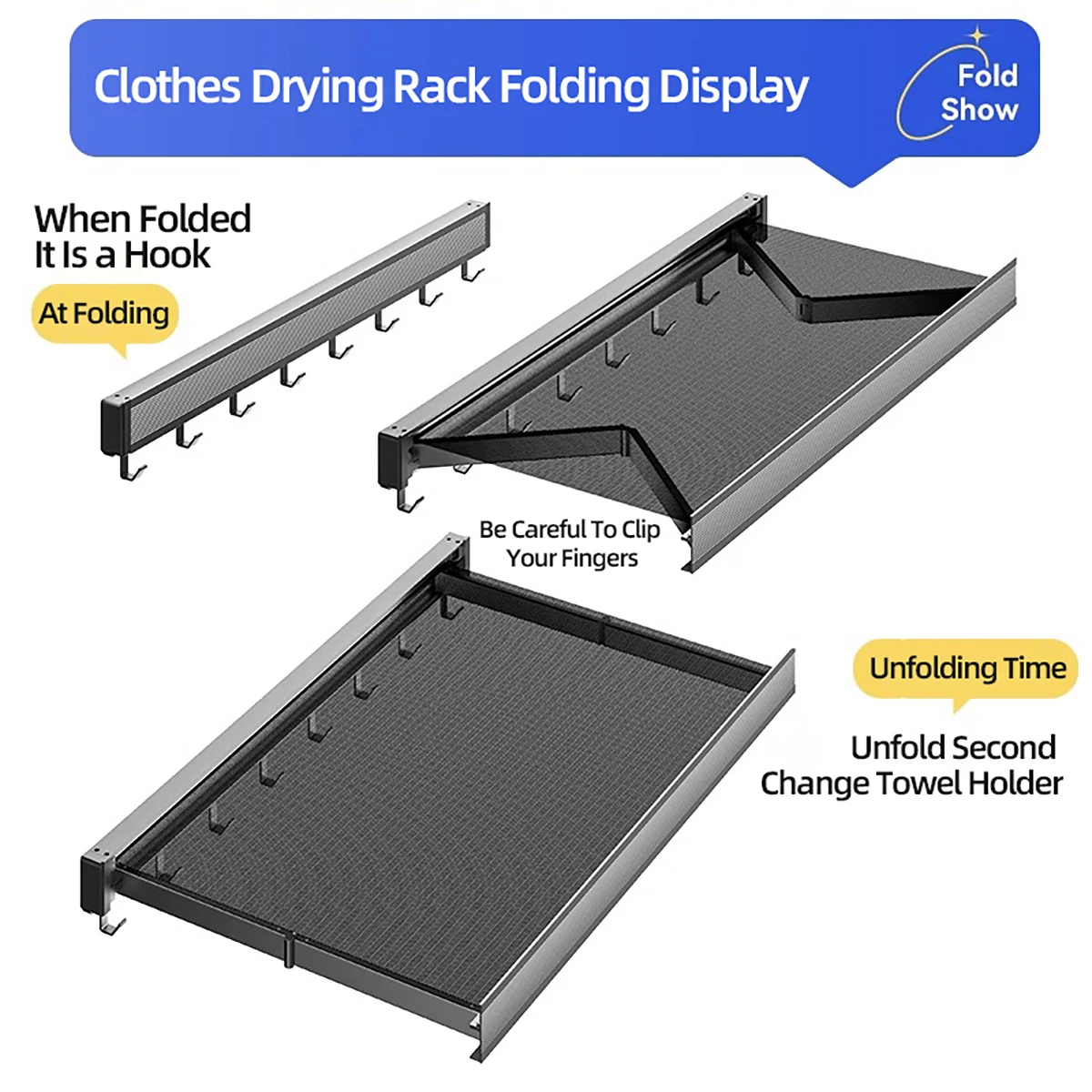 Clothes and Hat Rack Foldable with Hooks Space-saving for Bathroom and Balcony