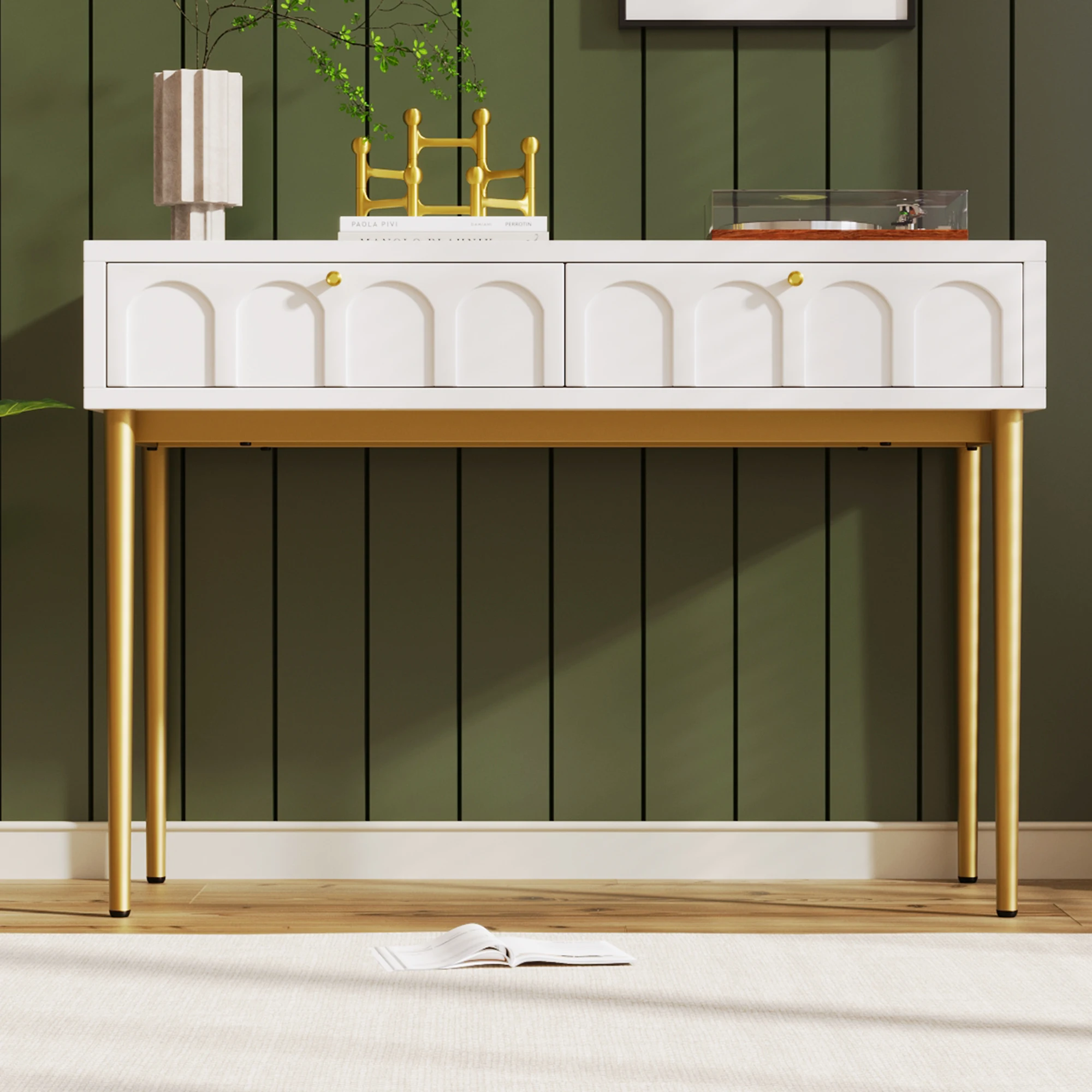 Schminktisch mit 2 Schubladen, Höhe 76,5 cm, Maße 76,5/H, 100/B, 45/T cm, cremeweiße Ausführung. – Detail 13