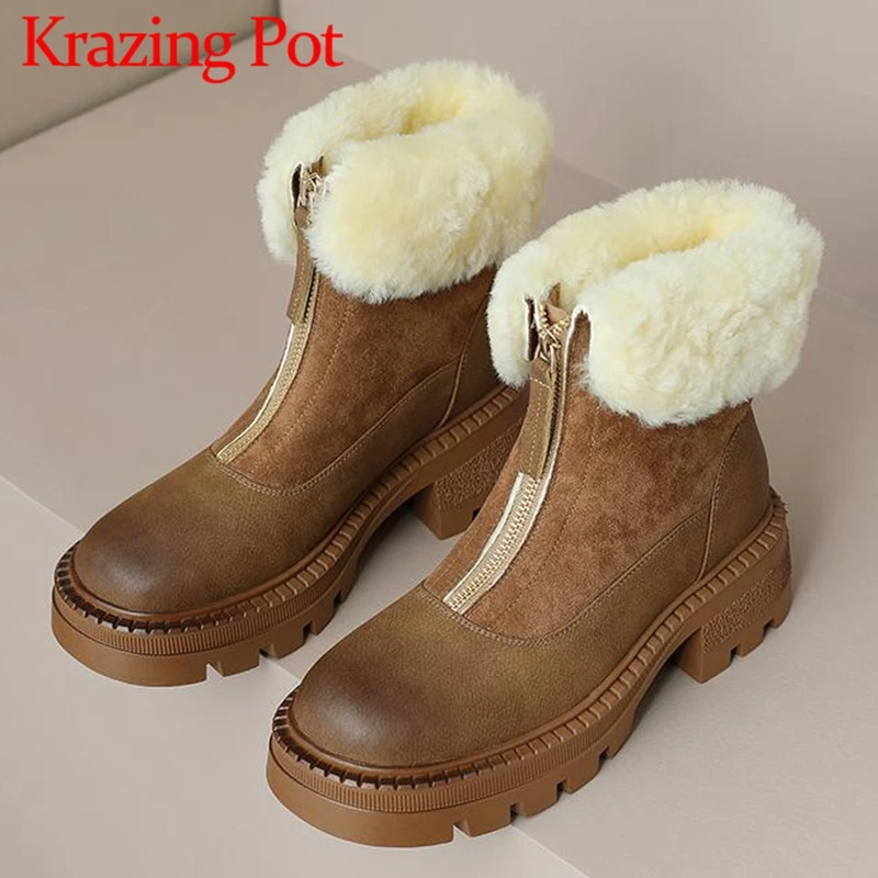 

Krazing Pot Full Grain Leather Plush Round Toe Thick High Heel Keep Warm Snow Boots Platform Front Zipper Vintage Ankle Boots