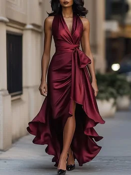 Summer Women's Tank Top Dress High Waist Irregular Elegant V-neck Ruffled Slit Evening Fashion Female's Long Dress 1