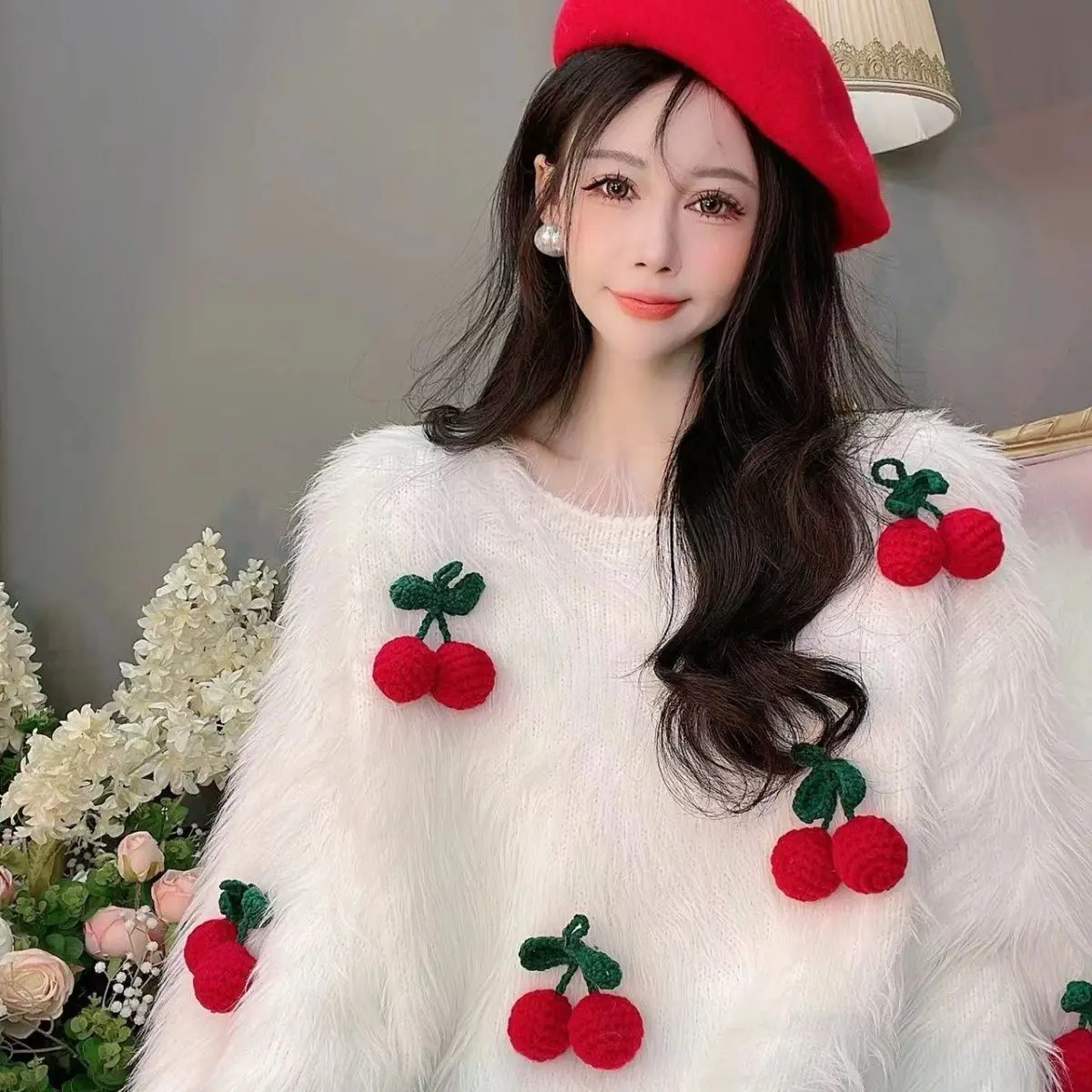 

Collar Sweet Pullovers Women Cherry Loose Sweaters Casual All-match Knitted Sueter Mujer 2022 New