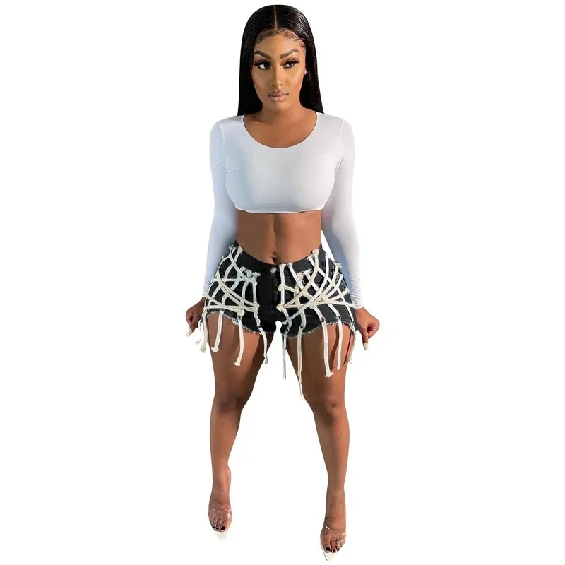Fashion Girls Denim  Shorts Summer 2024 New Hottest Zipper Hollow Out Bandage String Tassels High Waist Casual Jeans Streetwear