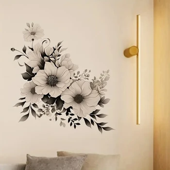 MT1441 #   Adesivi murali romantici con fiori bianchi grigi - Adesivi autoadesivi in PVC, decorazioni per la porta della camera da letto del soggiorno della camera da letto di casa 1