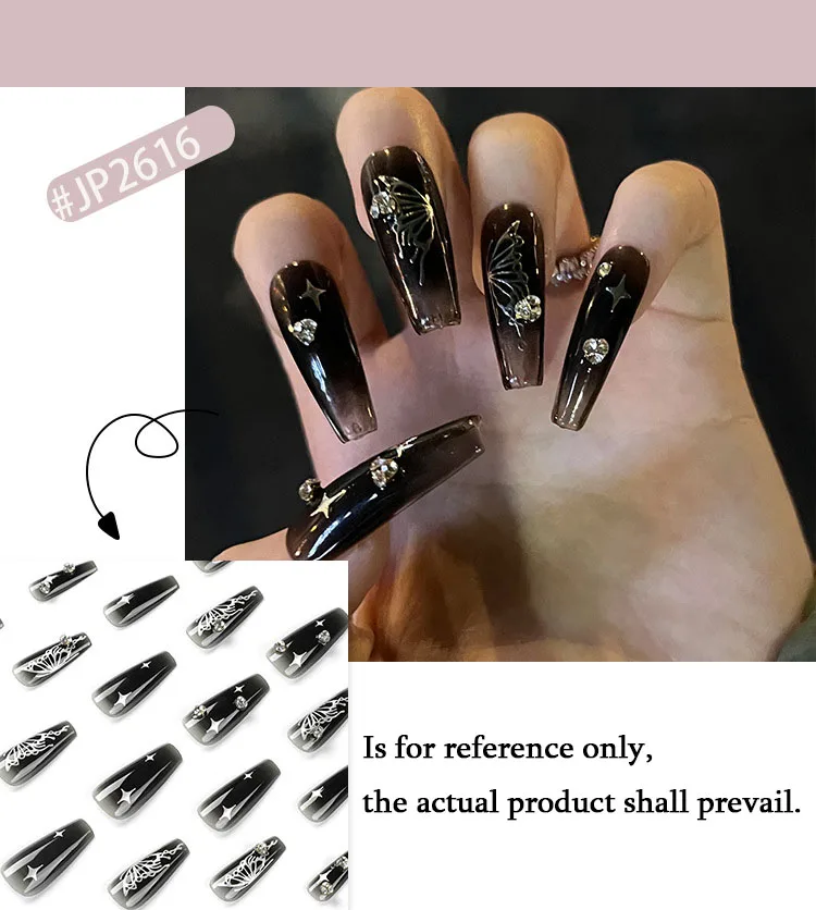 Silver Butterfly Rhinestone Black T-shaped False Nails Press on Nails