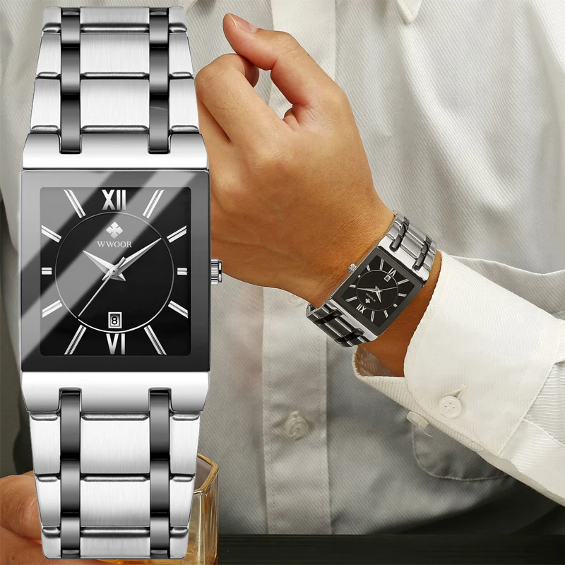 Men Watches WWOOR Fashion Top Brand Luxury White Square Waterproof Quartz Wristwatch Stainless Steel Date Clock Men Montre Homme