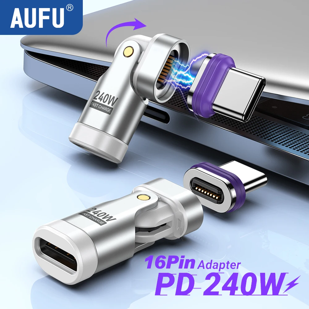 Type c adapter AUFU 16Pin 240W Magnetic Type C Adapter OTG 180 Degree Fast Charging Type C Adapter Converter iPhone16 15 Macbook Pro Laptop