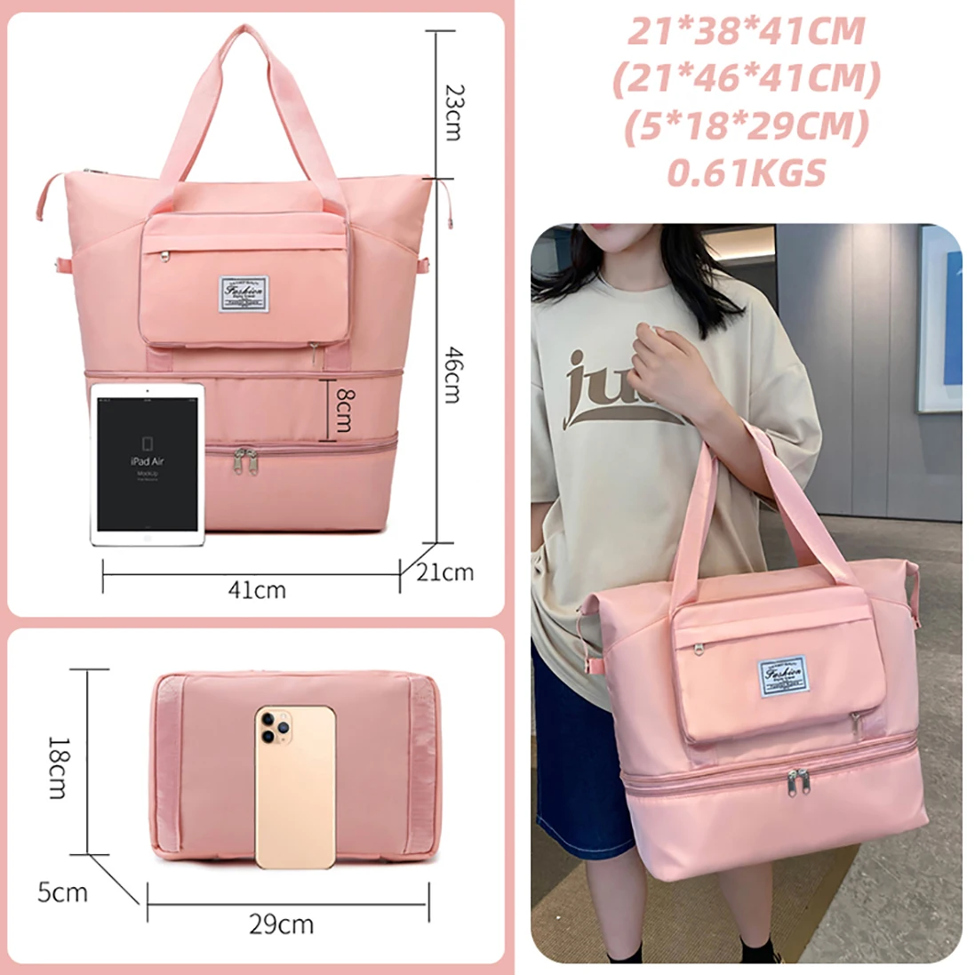 Large Capacity Sport Gym Women Men Waterproof Dry Wet Separation Folding Travel Expandable Duffel Duffle Bag Handbag Shoe Pocket