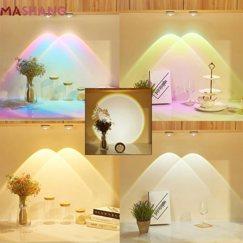 

Led Lamp Sunset Projection Under Cabinet Light Battery Operated Stick on Wall Lamps for Kitchen Cupboard Closet Room Night Light