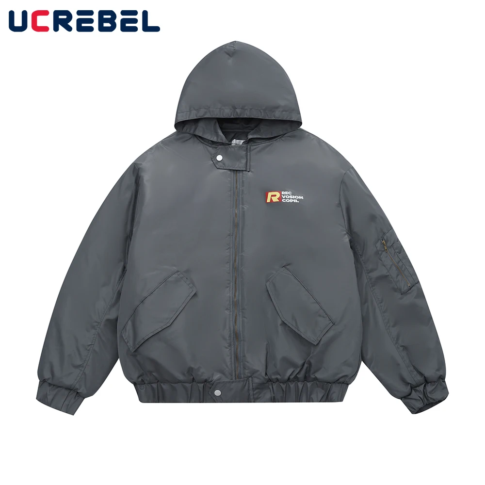 

Letter Print Quilted Jacket Mens Streetwear Casual Long Sleeve Winter Warm Hooded Outerwear Men