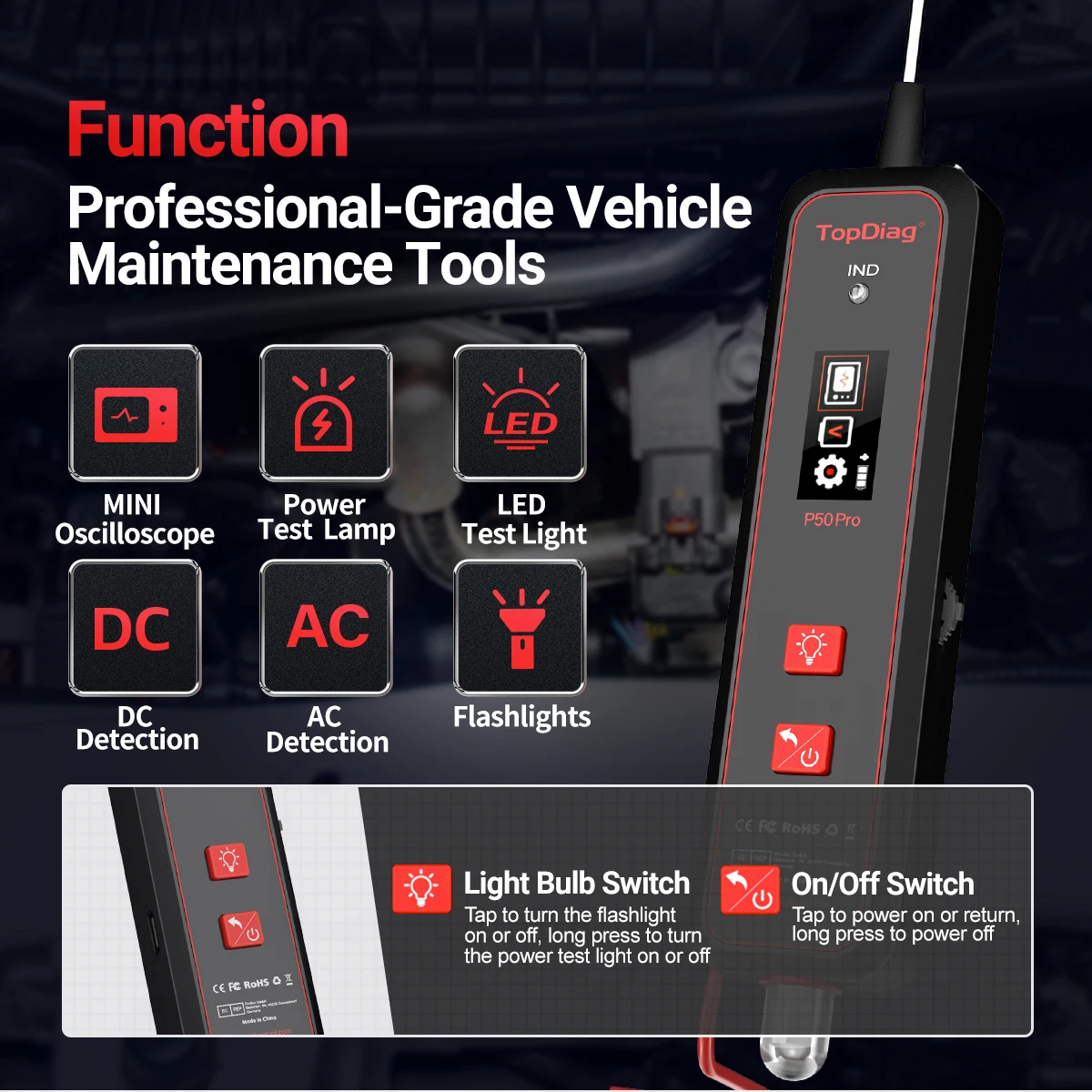Topdiag P50 프로 자동차 회로 테스터, 오실로스코프, 전력 회로 프로브, 12V, 24V 배터리 테스터, 자동차 진단 도구 