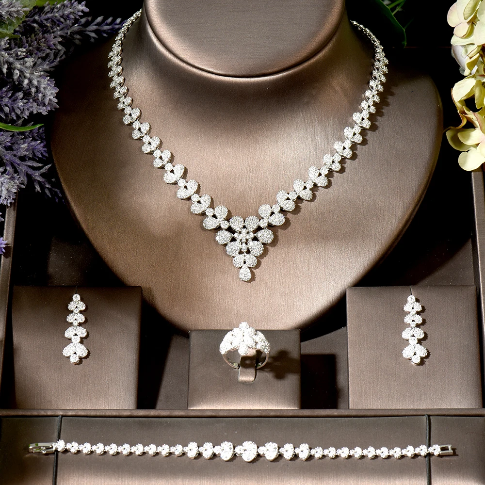

Fashion Shiny Wide Flower Drop African Dubai CZ Necklace Earrings Set Wedding Bridal Dress Jewelry Set Accessories bijoux N-1838