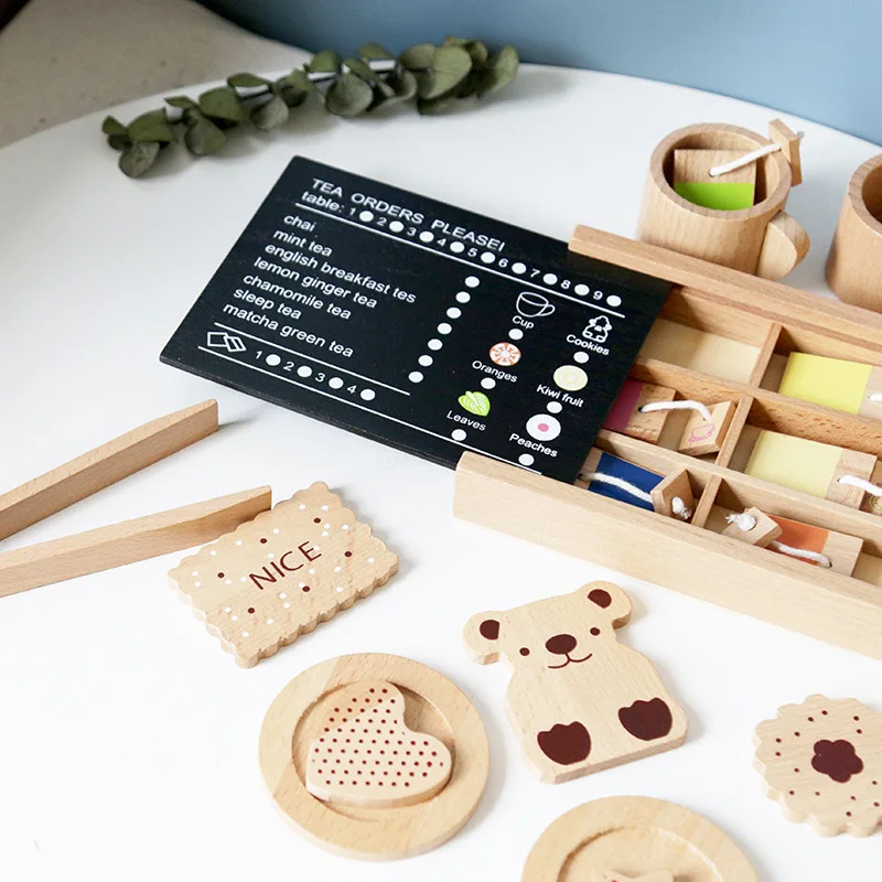 Wooden Pretend Play Food Kitchen Toys Biscuit Coffee Afternoon Tea Set Kids House Play Educational Cooking Game Toys for Girls