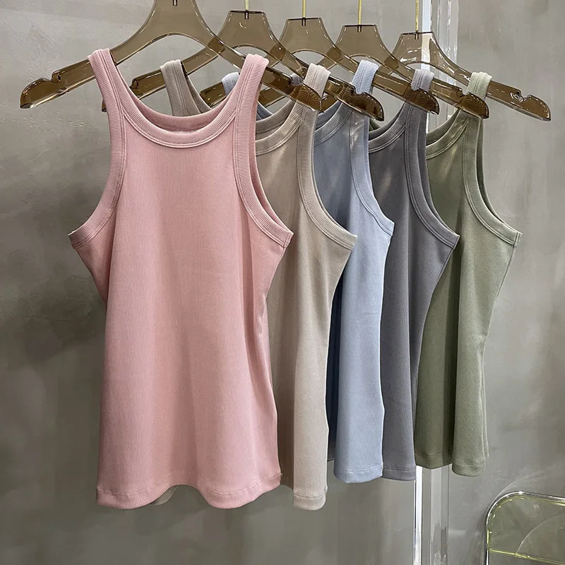 

Women's 24 Summer High Version Ribbed Cotton Tank Top Textured Vertical Stripe Sleeveless 5 Color Top Leisure Solid Color Vest