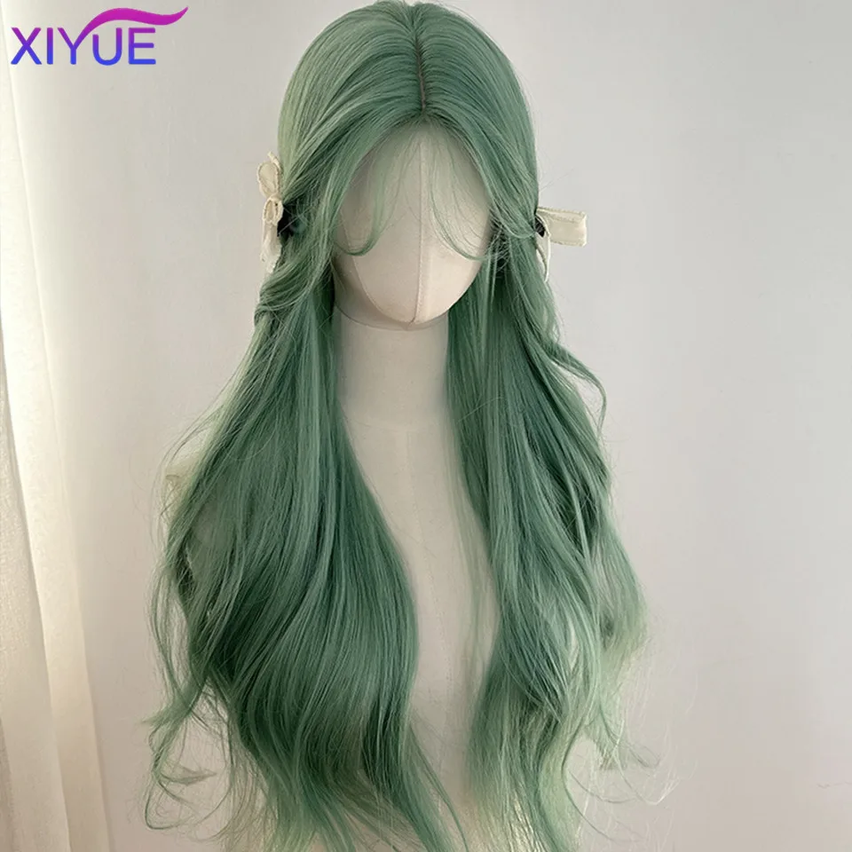 XIYUE Wig Women's Long Hair Mint Green Star Same Style Synthetic Long Curly Hair Versatile COS Full Head Set