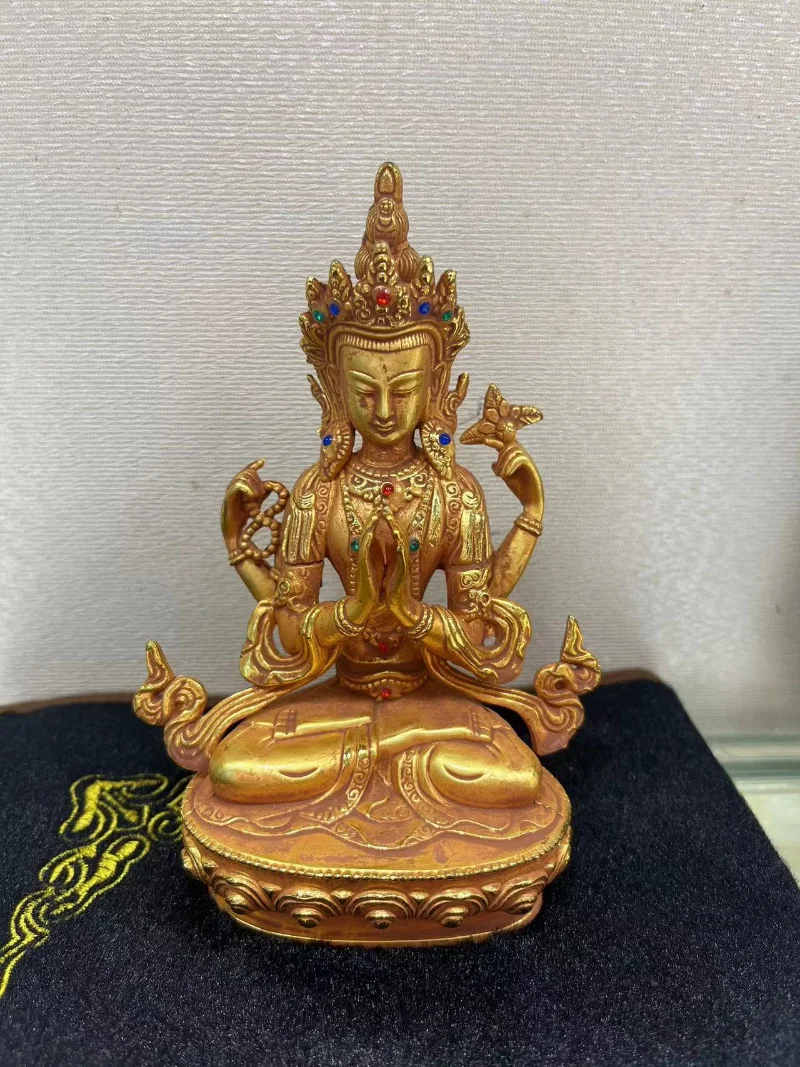 

Bronze four-armed Guanyin Buddha statue, gilded Buddha, gilded Buddha, antique craft ornaments, home decoration ornaments