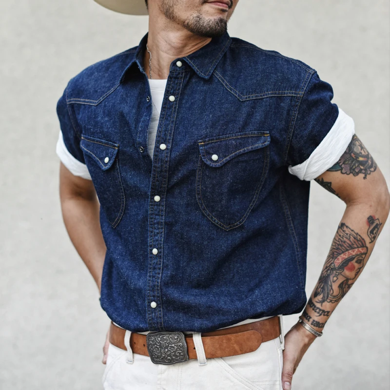 Mens Shirts Summer Short Sleeve Vintage Linen Indigo Denim Shirt Double Pockets Regular Fit