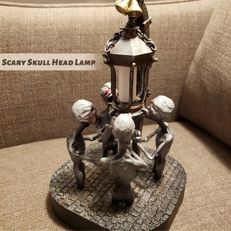

Настольная лампа с четырьмя черепами и подсветкой, страшная цепь с зомби, освещение для домашнего декора, ночник из смолы, необычная декоративная искусственная лампа