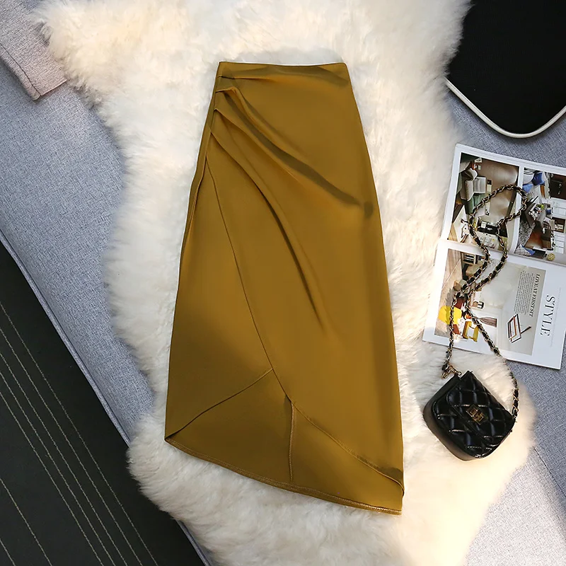 

Fashion Irregular Pleated Slit Skirt Women Elegant Midi Skirt Spring Summer Vintage Office Lady Solid Color A Line Skirt P164