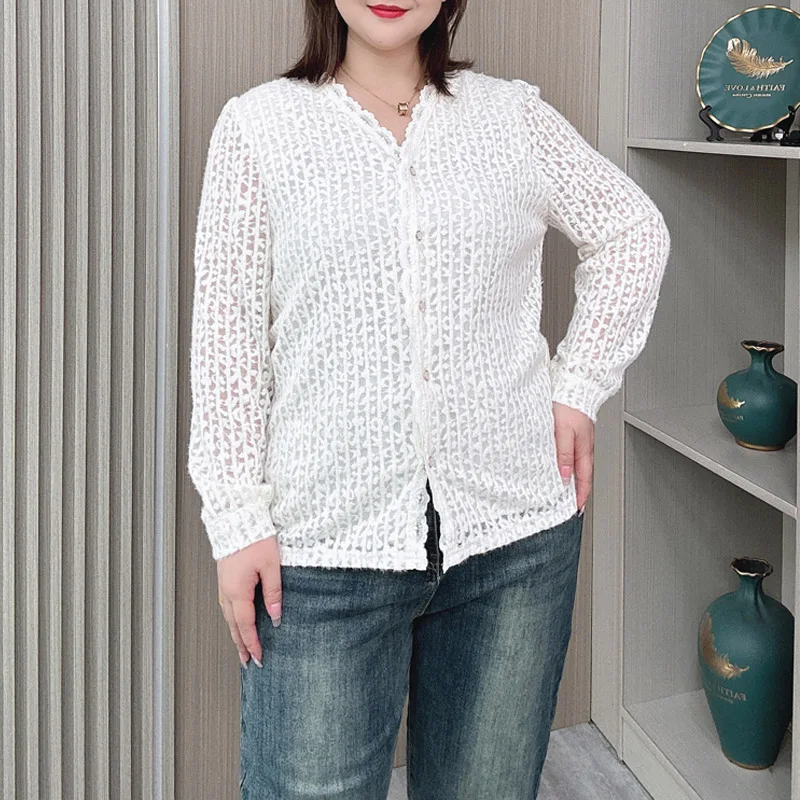 V-neck Lace Shirt for Women, Long Sleeve, Loose Blouses, New Temperament, Plus Size, Autumn and Winter, 2427