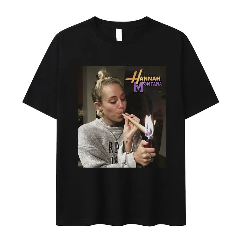 Miley Cyrus Lustiges Raucher-T-Shirt Hannah Montana Ästhetisches Vintage-T-Shirt für Männer und Frauen Sommer Übergroßes Baumwoll-T-Shirt Oberteile Kleidung