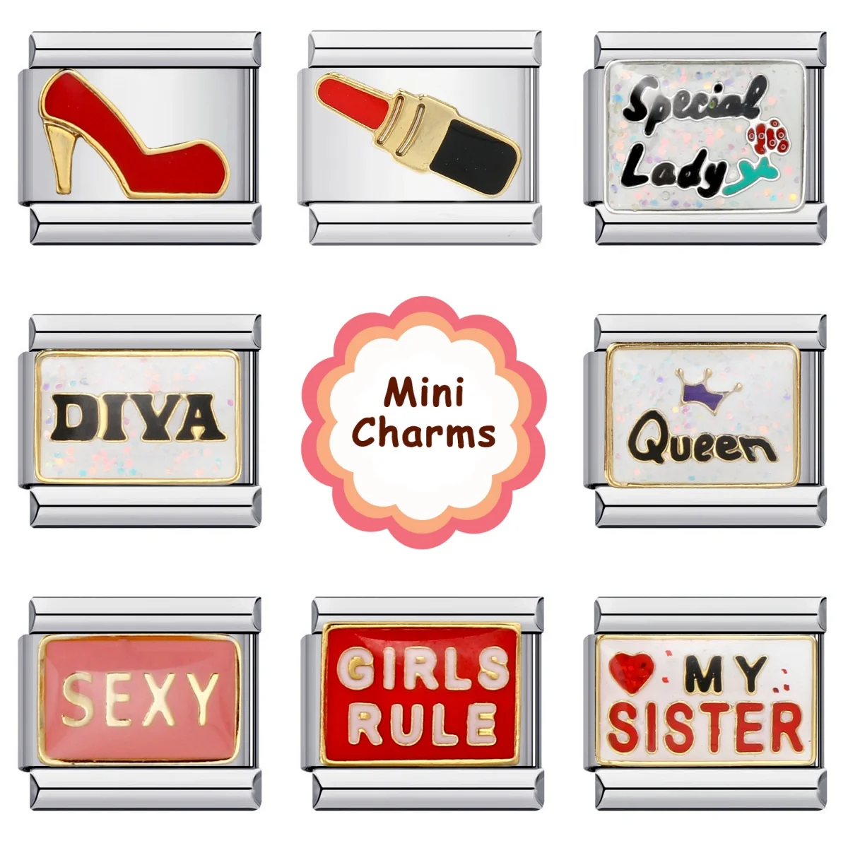 Mode Frauen Schwester Mädchen Königin Sexy Diva Bunte Glasur Charme Links Fit 9mm Armband Edelstahl, Die DIY Schmuck