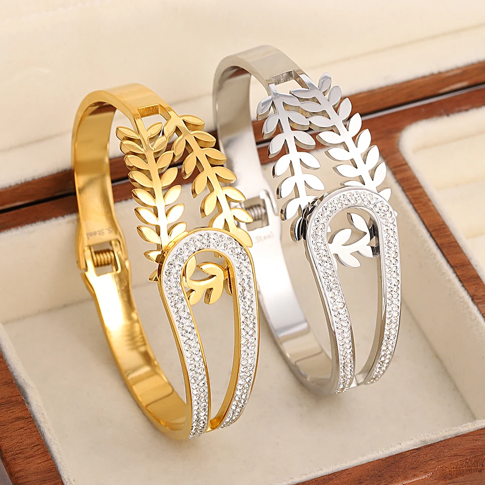 Gold Color Half Leaf Half Rhinestones Stainless Steel Bangles Bracelets for Women Fashion Luxury Waterproof Jewelry 2