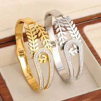 Gold Color Half Leaf Half Rhinestones Stainless Steel Bangles Bracelets for Women Fashion Luxury Waterproof Jewelry 2