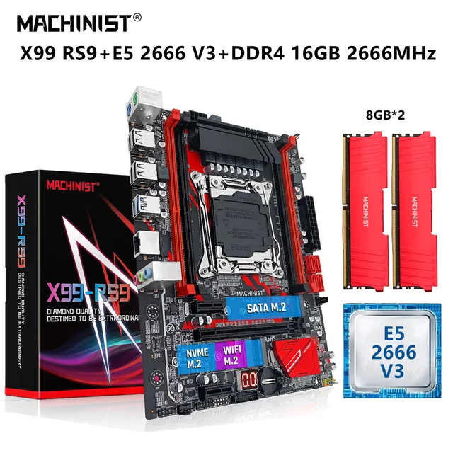Macchinista X99 Kit scheda madre LGA 2011-3 Set Xeon E5 2666 V3 processore CPU 16G(2*8G)DDR4 2666MHz RAM Combo SATA NVME M.2 X99-RS9 1