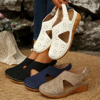 Vintage Women's Wedge Sandals Summer Hollow Out Slingback Casual Cutout Leather Shoes for Ladies