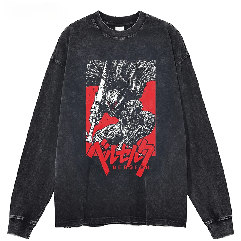 

Harajuku Streetwear Hip Hop Washed Black T Shirt Japanese Anime Graphic T-Shirt Men Autumn Cotton Long Sleeve Vintage Tshirt