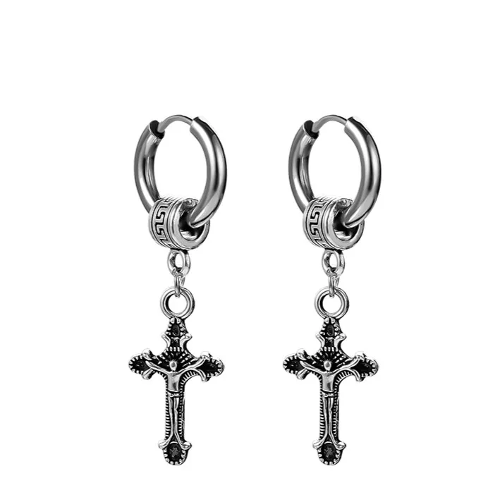 

2023 Cross Earrings for Men, Cool Round Eardrop, Silver Dangler