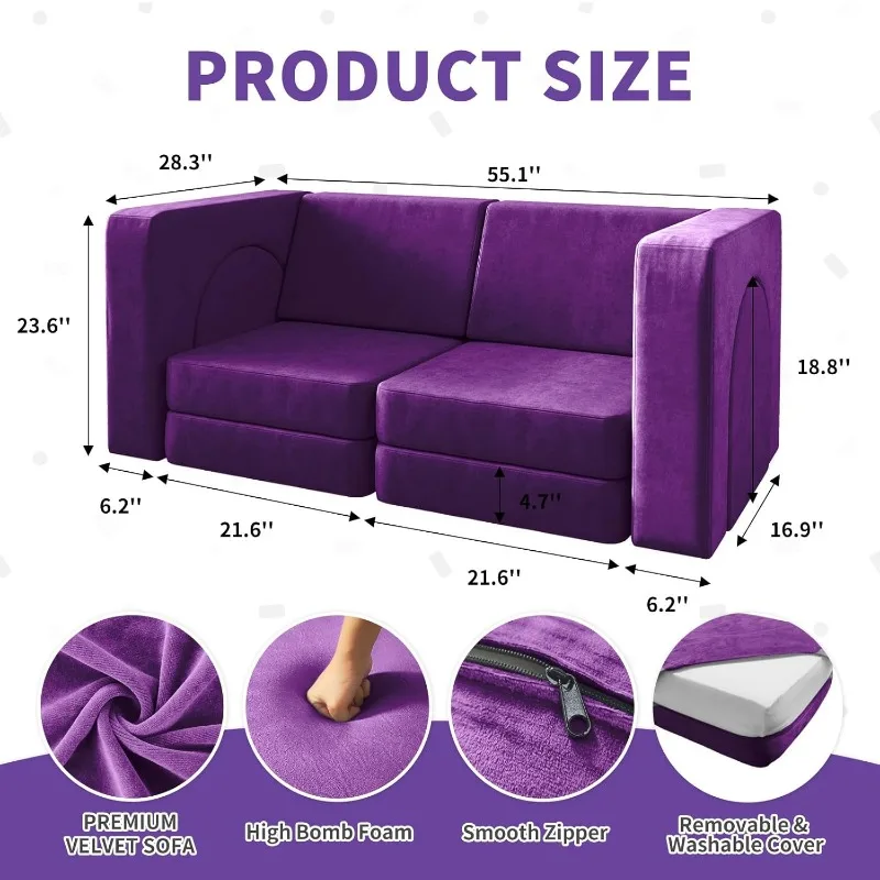 10PCS Purple Modular Play Couch for Playroom Bedroom 10 in 1 Multi-functional Sofa for Playing Creativing Sleeping Toddler Couch 3