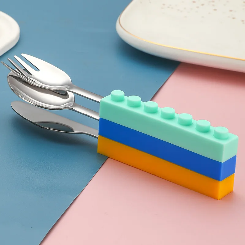 3pcs DIY Colorful Building Blocks Spliced ​​forks Spoons Tableware Student Children's Salad Tableware Set Fit Kitchen Tool