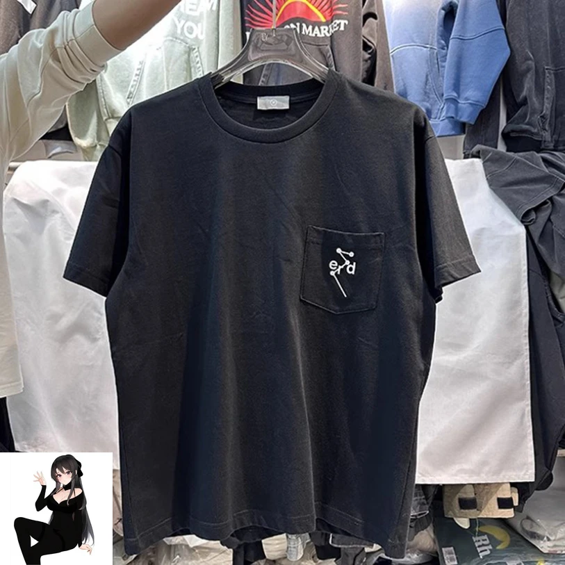 

Embroidery Pocket Cart Shape ERD T-Shirt MEN WOMEN High Quality Wash Loose Heavy Fabric Short Sleeve Summer Tops Tee