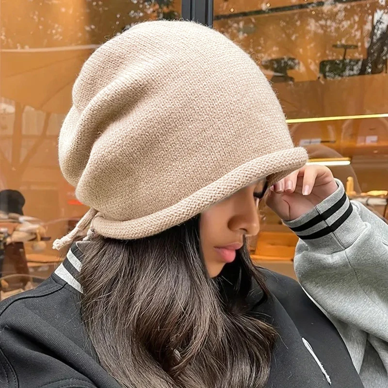 Fashion Drawstring Baggy Slouchy Beanie Bonnet For Women Solid Color Casual Knitted Woolen Skullies Caps